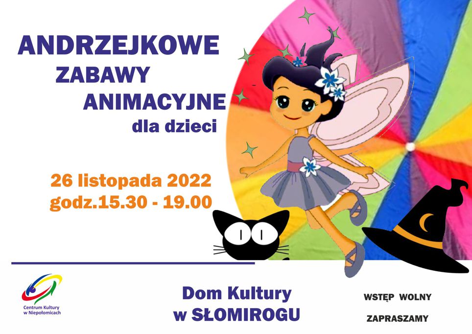 Wróżka na tle chuście klezmera zaproszenie na andrzejkowe zabawy animacyjne w Słomirogu