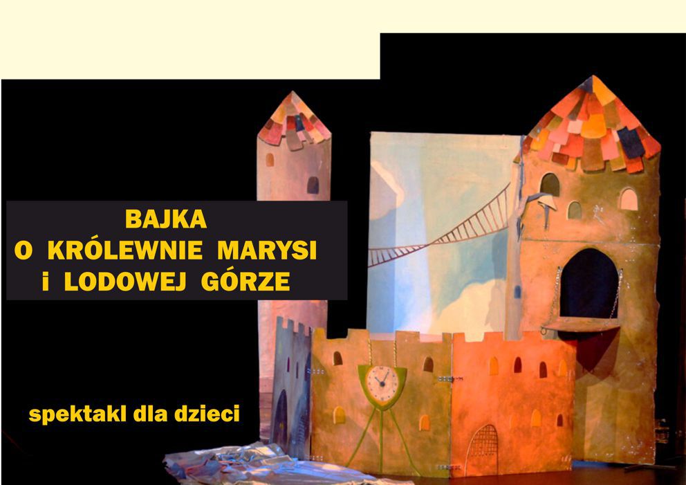 papierowy zamek z dwoma wiezami, zaproszenie na spektakl Bajka o krolewnie Marysi i lodowej gorze
