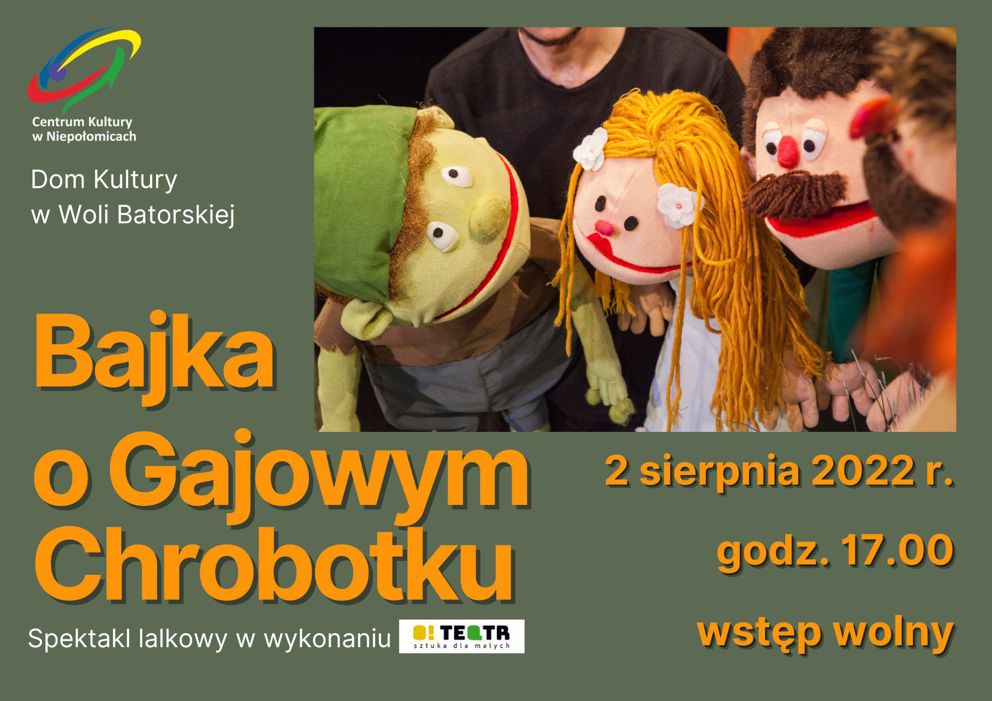 trzy lalki muppet i zaproszenie na spektakl Bajka o gajowym Chrobotku