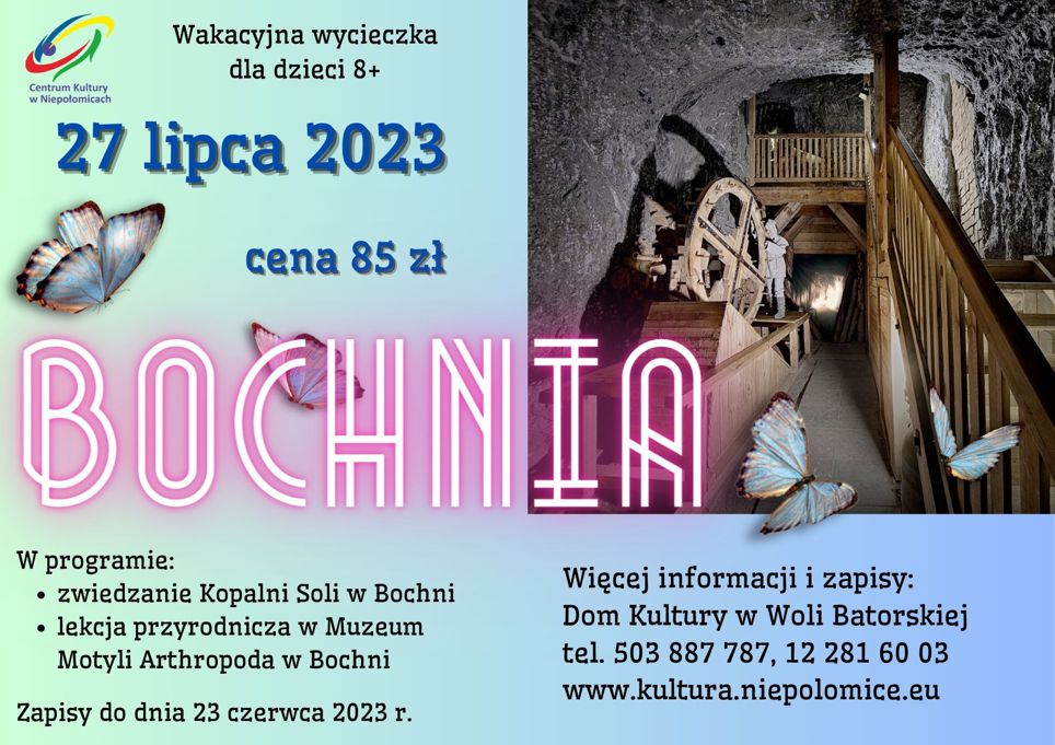 na cieniowanej kartce w prawym górnym rogu zdjęcie z trasy turystycznej w  kopalni w Bochni, po środku od prawej duży napis Bochnia poziostałe fragmenty kartki tekst o wycieczce